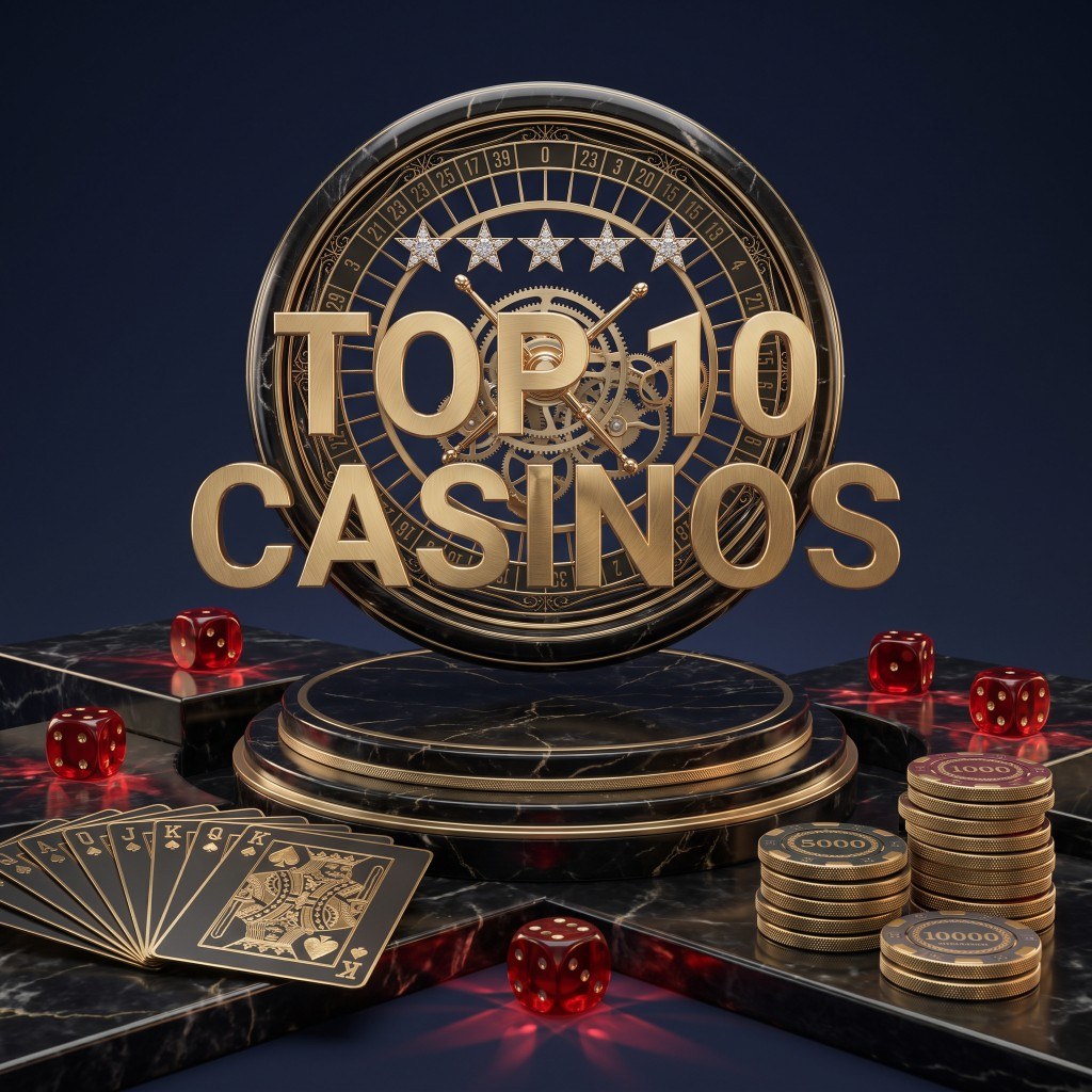 Gold Top 10 Casinos lettering in front of a roulette wheel, playing cards, dice and chips